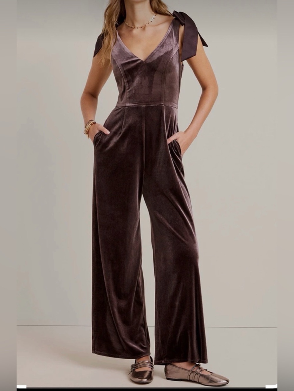 Francesca's Velvet V-Neck Wide-Leg Jumpsuit in Deep Brown